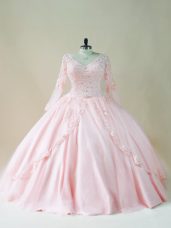 Exquisite Baby Pink Long Sleeves Beading and Appliques Floor Length Quinceanera Dresses