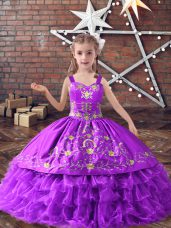 Lavender Straps Lace Up Embroidery and Ruffled Layers Little Girl Pageant Gowns Sleeveless