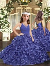 Exquisite Floor Length Lavender Little Girls Pageant Gowns V-neck Sleeveless Zipper
