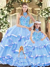 Stylish Blue Organza Lace Up Halter Top Sleeveless Quince Ball Gowns Embroidery and Ruffled Layers