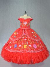 Red Lace Up Vestidos de Quinceanera Embroidery Sleeveless Floor Length