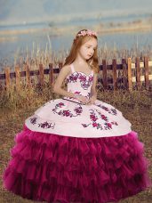 Amazing Floor Length Fuchsia Little Girl Pageant Gowns Straps Sleeveless Lace Up