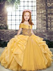 High Class Gold Sleeveless Beading and Ruffles Floor Length Kids Formal Wear