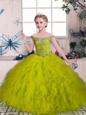 Sleeveless Floor Length Beading and Ruffles Lace Up Winning Pageant Gowns with Olive Green