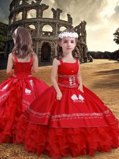Sweet Floor Length Red Kids Pageant Dress Satin and Organza Sleeveless Embroidery and Ruffled Layers