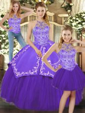 Comfortable Three Pieces Quinceanera Dress Purple Halter Top Satin and Tulle Sleeveless Floor Length Lace Up