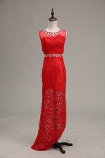 Column/Sheath Prom Gown Red Scoop Lace Sleeveless Floor Length Zipper
