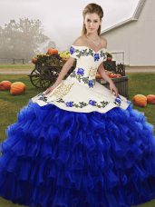 Adorable Floor Length Lace Up Quinceanera Gown Royal Blue for Military Ball and Sweet 16 and Quinceanera with Embroidery and Ruffled Layers