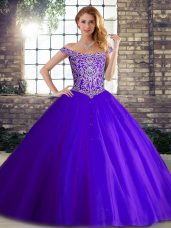 Edgy Tulle Off The Shoulder Sleeveless Brush Train Lace Up Beading 15 Quinceanera Dress in Purple