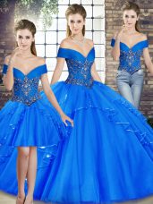 Royal Blue Three Pieces Tulle Off The Shoulder Sleeveless Beading and Ruffles Floor Length Lace Up Quinceanera Dress
