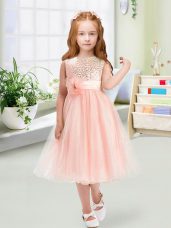 Fine Baby Pink Toddler Flower Girl Dress Wedding Party with Sequins and Hand Made Flower Scoop Sleeveless Zipper