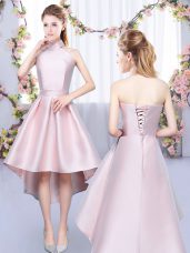 Glamorous Sleeveless High Low Ruching Lace Up Dama Dress with Baby Pink