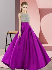 Fine Floor Length Backless Prom Gown Purple for Prom and Party with Beading