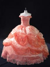 Sleeveless Floor Length Beading and Sequins Lace Up 15th Birthday Dress with Watermelon Red