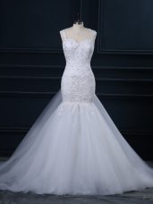 Free and Easy Tulle Straps Sleeveless Watteau Train Side Zipper Lace Wedding Dresses in White