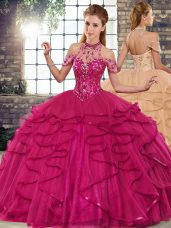Halter Top Sleeveless Quince Ball Gowns Floor Length Beading and Ruffles Fuchsia Tulle
