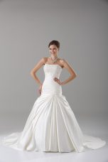 Smart White Taffeta Lace Up Strapless Sleeveless Wedding Dresses Brush Train Beading