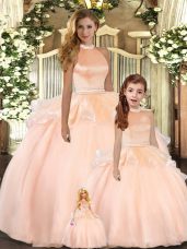 High End Peach Ball Gowns Halter Top Sleeveless Organza Floor Length Backless Beading Vestidos de Quinceanera