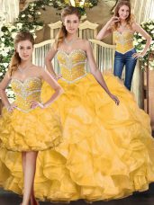 Charming Gold Lace Up Vestidos de Quinceanera Beading and Ruffles Sleeveless Floor Length