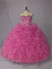 Flirting Rose Pink Ball Gowns Beading and Ruffles Quince Ball Gowns Lace Up Organza Sleeveless