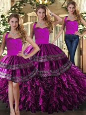 Adorable Three Pieces Quinceanera Dress Fuchsia Halter Top Organza Sleeveless Floor Length Lace Up