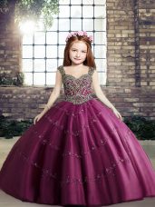 Fuchsia Ball Gowns Beading Little Girls Pageant Dress Wholesale Lace Up Tulle Sleeveless Floor Length