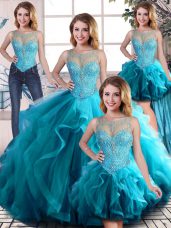 Lovely Aqua Blue Lace Up Sweet 16 Quinceanera Dress Beading and Ruffles Sleeveless Floor Length