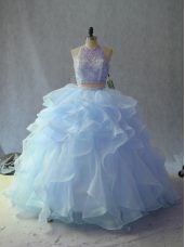 Blue Two Pieces Halter Top Sleeveless Beading and Ruffles Backless Quinceanera Dresses