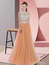 Orange Two Pieces Halter Top Sleeveless Tulle Floor Length Zipper Lace Bridesmaid Gown