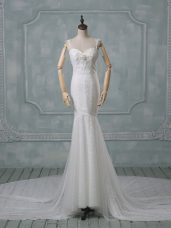 Super White Mermaid Spaghetti Straps Sleeveless Lace Court Train Backless Beading and Lace Wedding Gowns