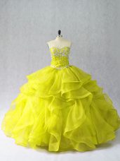 Most Popular Yellow Green Organza Lace Up Quinceanera Dress Sleeveless Floor Length Beading and Ruffles