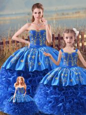 Royal Blue Zipper Straps Embroidery and Ruffles Sweet 16 Dress Satin and Fabric With Rolling Flowers Sleeveless Brush Train