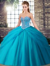Aqua Blue Ball Gowns Sweetheart Sleeveless Tulle Brush Train Lace Up Beading and Pick Ups Quinceanera Dress