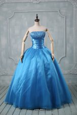 Cheap Beading and Sequins Ball Gown Prom Dress Baby Blue Lace Up Sleeveless Floor Length