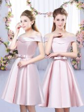 Baby Pink A-line Bowknot Bridesmaid Dress Lace Up Satin Sleeveless Mini Length