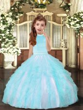 Adorable Floor Length Backless Pageant Dress Aqua Blue for Party and Sweet 16 and Wedding Party with Beading and Ruffles