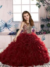 Wine Red Kids Pageant Dress Party and Wedding Party with Beading and Ruffles Scoop Sleeveless Lace Up