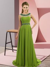Olive Green Scoop Zipper Beading Prom Party Dress Brush Train Sleeveless