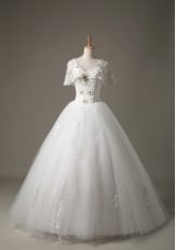 Stylish Tulle Short Sleeves Floor Length Bridal Gown and Beading and Appliques