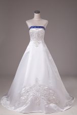 White Ball Gowns Satin Strapless Sleeveless Beading and Embroidery Lace Up Wedding Dress Brush Train