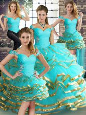 Ball Gowns Vestidos de Quinceanera Aqua Blue Off The Shoulder Tulle Sleeveless Floor Length Lace Up