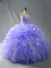 Lavender Straps Zipper Beading and Ruffles Quince Ball Gowns Sleeveless