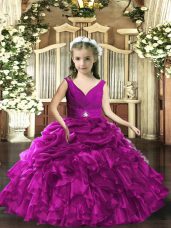 Popular Purple V-neck Neckline Beading and Ruffles and Ruching Child Pageant Dress Sleeveless Backless