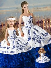 Sweetheart Sleeveless Quinceanera Gown Floor Length Embroidery and Ruffles Blue And White Organza