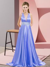 Lavender Prom Party Dress V-neck Sleeveless Brush Train Backless
