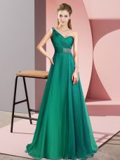 Delicate Sleeveless Chiffon Brush Train Criss Cross Prom Dresses in Turquoise with Beading
