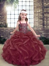 Beading and Ruffles Child Pageant Dress Burgundy Lace Up Sleeveless Floor Length