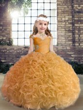 Floor Length Lace Up Child Pageant Dress Gold for Party and Wedding Party with Beading