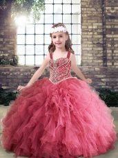 Sleeveless Tulle Floor Length Lace Up Kids Pageant Dress in Pink with Beading and Ruffles