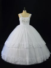 White Tulle Lace Up Straps Sleeveless Floor Length Quinceanera Dress Beading and Appliques